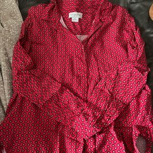 women’s red pl blouse with mini paisley embellishments.